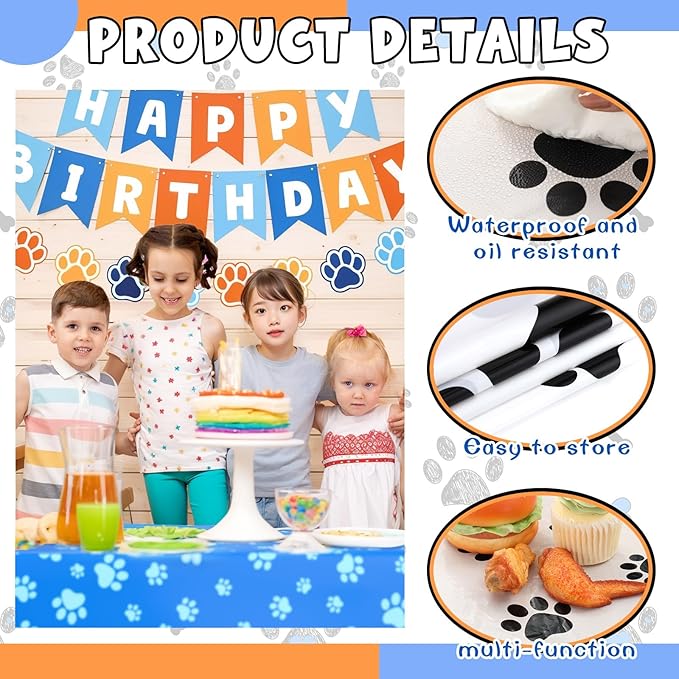 4 Pack Puppy Dog Pet Paw Print Plastic Tablecloth 54 x 108 Inches Dark Blue Orange Table Cover Paw Print Disposable Rectangle Table Cover for Pet Blue Dog Birthday Party Supplies