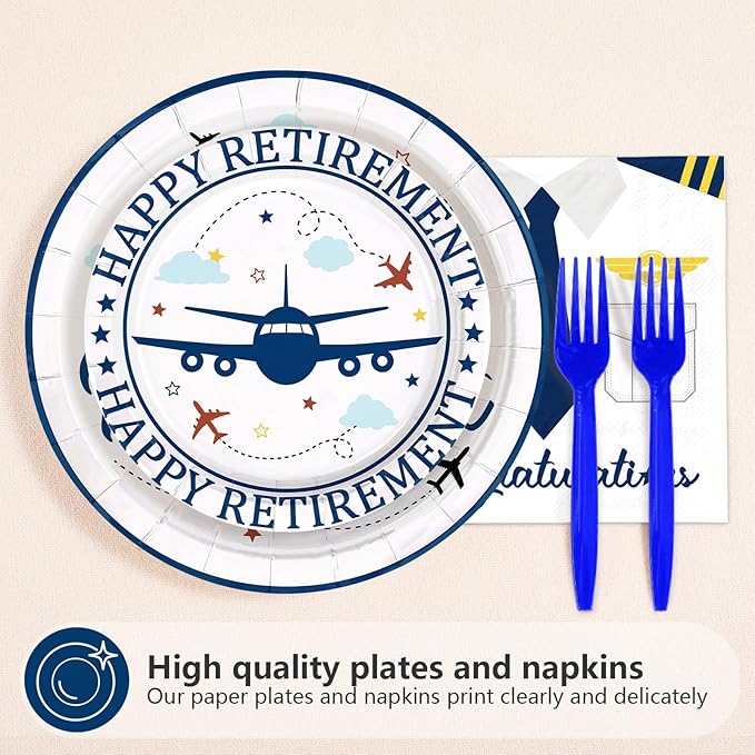 96Pcs Flying into Retirement Party Decorations Pilot Happy Retirement Plates and Napkins Sets Blue Airplane Retired Pilot Decoration for Men Airplane Congratulations Retired Party Supplies Serves 24