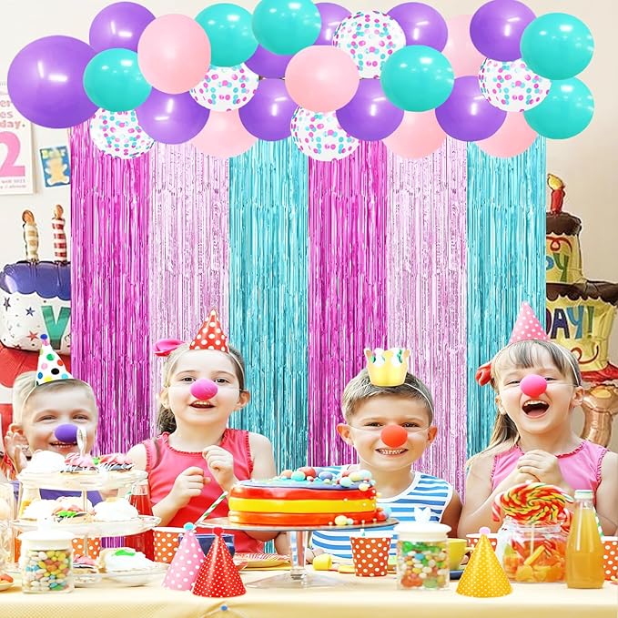 22Pcs Cute Dollhouse Party Decorations, Purple Pink 3.3x8.2ft Tinsel Foil Fringe Curtains Banners and Multicolour Balloons for Cartoon Theme Birthday Decorations Boys and Girls Party Supplies