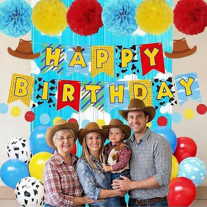 Cartoon Story Birthday Party Supplies Decorations, Include Banner, Balloons, Foil Fringe Curtains, Paper Garland Pull Flower, Tissue Paper Pom Poms
