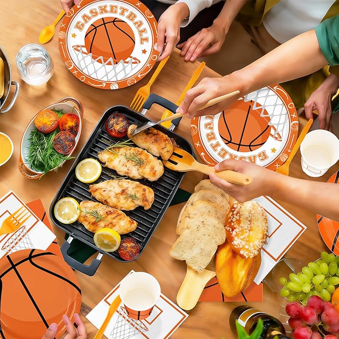 168PCS Basketball Party Supplies for Teenagers Sports Themed Birthday Party Decorations Basketball Team Paper Plates Napkin Cups Forks Knives Tableware for 24 Guests