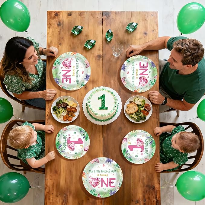 96Pcs 1st Birthday Party Supplies Gem Stone Plates and Napkins Our Little Precious Gem is Turning One Green Crystal Jewel Tableware Sets for 1st Birthday Girl Boy One Year Old Party Serve 24