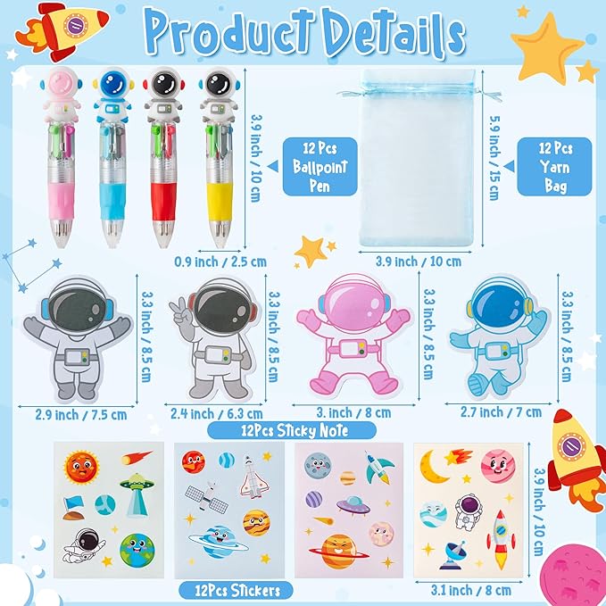 CY2SIDE Space Stationery Party Gift - 12 Pack Spring Gifts Stuffer with Outer Space 4-in-1 Ballpoint Pen Sticky Note Sticker and Organza Astronaut Party Favors Goodie Bag Fillers for School Rewards