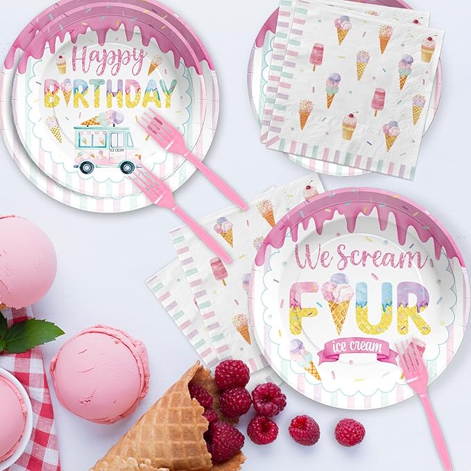 Grencian 96 Pcs Ice Cream Birthday Party Decorations 4th Birthday Plates for Girls Ice Cream 4th Party Supplies Disposable Pink We Scream Four Paper Plate for Four Year Old Sweet Four Kids Girls
