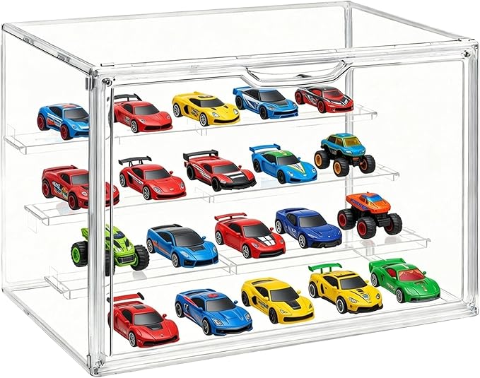 Clear Acrylic Display Case 2 Pack, Stackable 4-Tier Figure Showcase with 3 Movable Shelves, Interlocking Edges & Magnetic Door for Action Figures