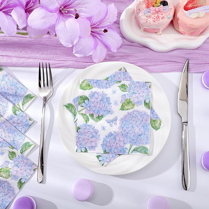 100 Pcs Hydrangea Napkins, Floral Cocktail Napkins Blue and Light Purple Hydrangea Flower Napkin Beverage Dessert Napkin for Bridal Baby Shower, Tea Party, Birthday