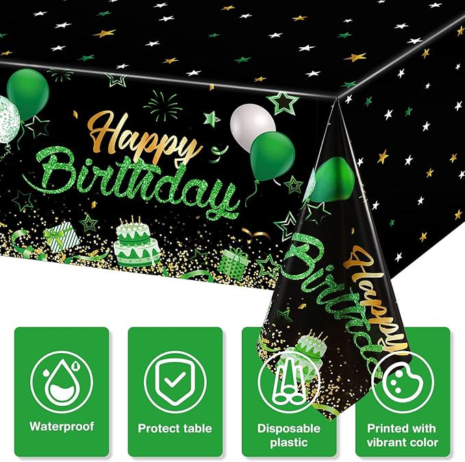 Breling Birthday Party Supplies Confetti Sprinkles Happy Birthday Tablecloths Starry Table Covers for Party Decorations, 54 x 108 Inches(Green and Black,3 Pack)