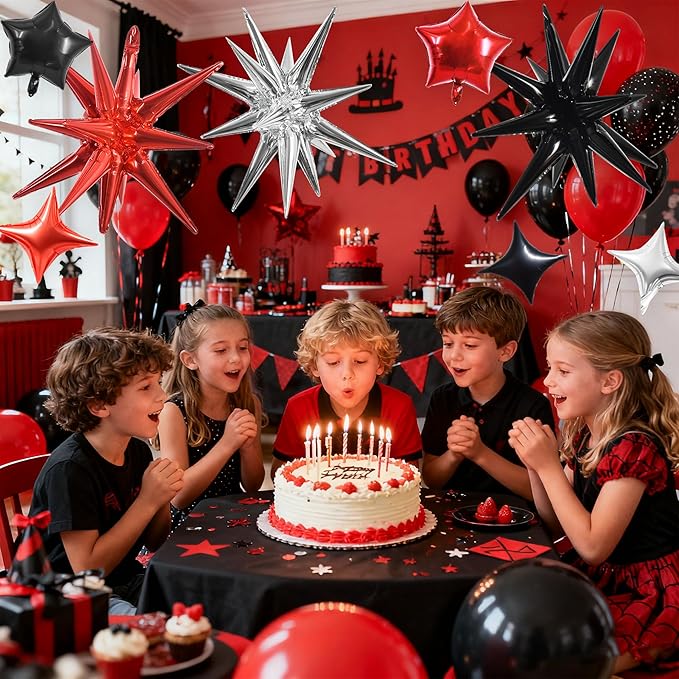 TONIFUL 22Inch 15Pcs Black Red Silver Explosion Star Mylar Balloons and 10Inch Four Pointed Star Balloons Set for Christmas New Year Birthday Wedding Bridal Shower Anniversary Photo Booth Supplies