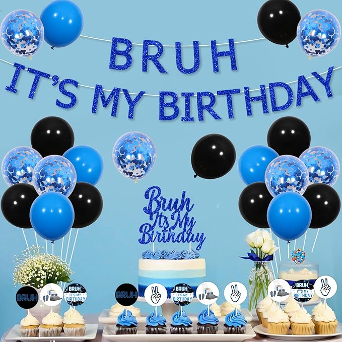JOYMEMO Bruh It’s My Birthday Decorations Kit For Boy - Happy Birthday Bro Backdrop Banner, Bruh Cake topper and cupcake toppers, Blue and Black Teen Boy Birthday Party Supplies