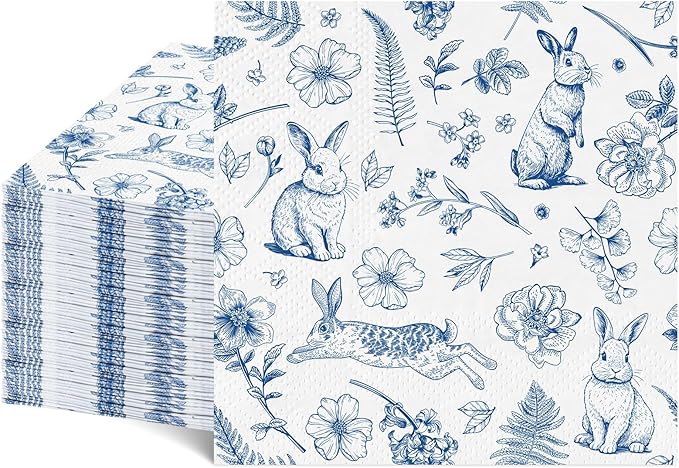 100 Pcs Easter Napkins, Retro Bunny Napkins Blue and White Rabbit Decoupage Napkin Chinoiserie Easter Dessert Beverage Napkin for Spring, Birthday, Baby Shower