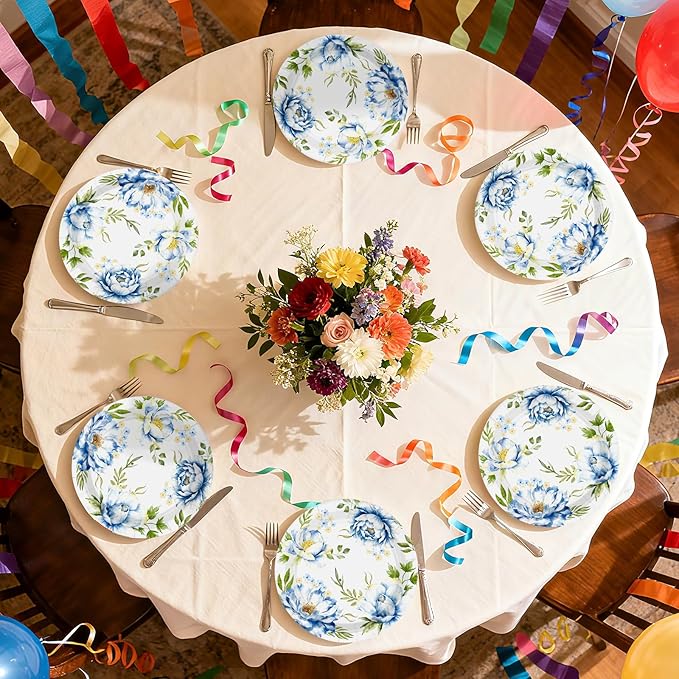 50Pcs Spring Flowers Floral Paper Plates 10 Inch Heavy Duty Disposable Spring Blue Floral Peony Party Decorations Spring Flowers Themed Plates for Wedding Boho Picnic Birthday Dinner Party Supplies