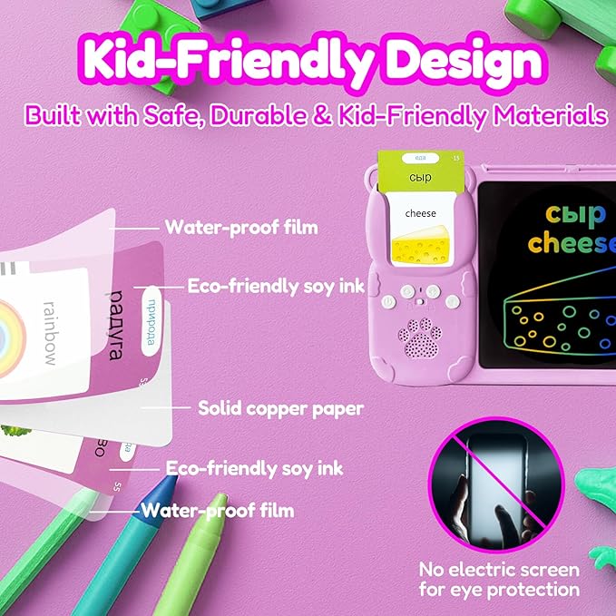 Drawing Tablet with Bilingual Flashcards for Kids - Russian English Talking Flash Cards, LCD Writing Pad Board, Pocket Speech for Toddlers, Learning Toy Gift for Boys Girls (Russian, Pink)