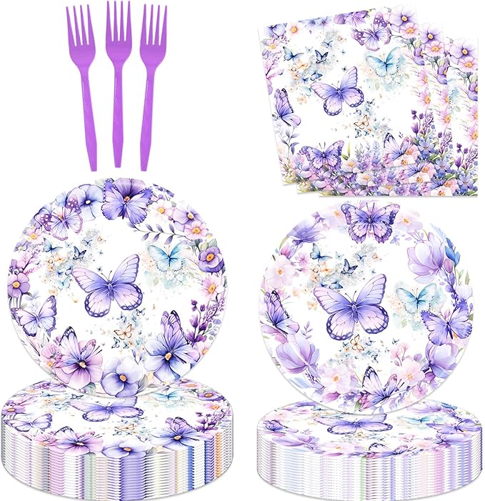 Butterfly Birthday Party Plates Spring Butterfly Disposable Paper Plates Dinnerware for Butterfly Theme Girls Baby Shower 1st 2nd 3rd 4th Bday Party Supplies Decorations