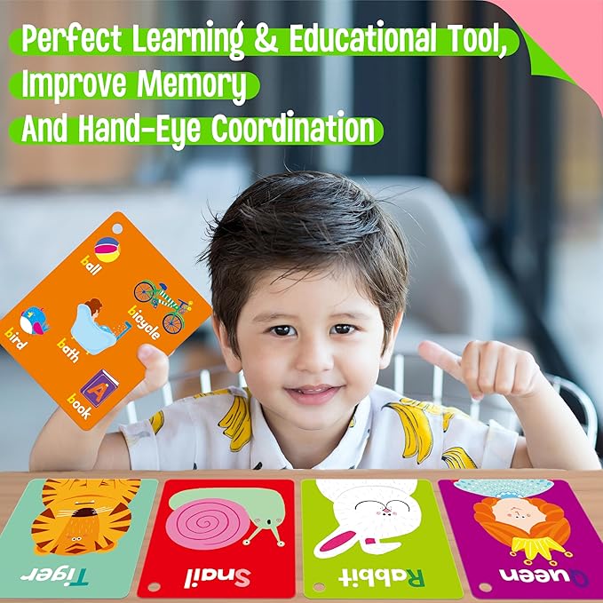 110 PCS Early Learning Flashcards, Double Sided Cards- Alphabet, Numbers, Foods, Animals, Shapes, Colors, Home Object with 4 Reclosable Rings, Learning Tool for Pre-K Kindergarten Toddlers