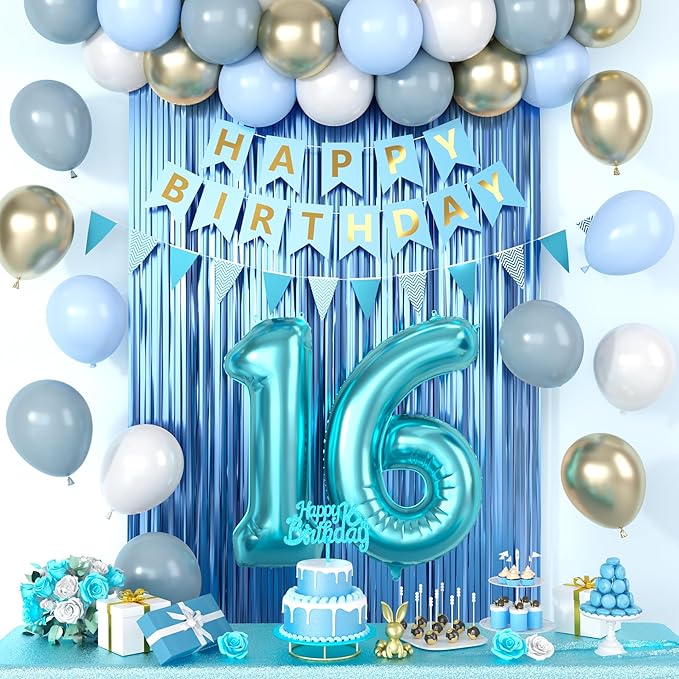 16th Birthday Decorations, Blue Happy Birthday Party Decorations With Teal Blue Number 16 Balloons Dusty Macaron Blue White Balloons Fringe Curtain Banner Cake Topper For Boy Girl Party Supplies