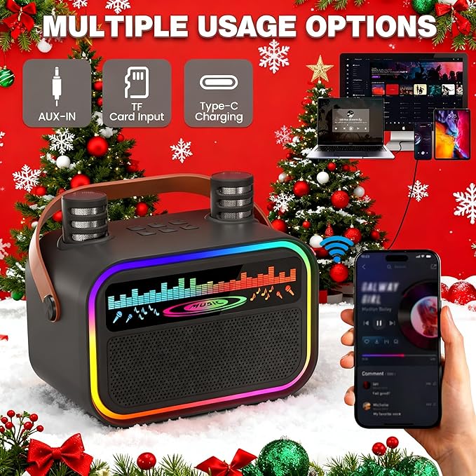 Mini Karaoke Machine Toys Gifts for Kids Girls Age 3-12+, Tnvee Portable Bluetooth Speaker with 2 Wireless Microphones, Funny Toddler Singing Karaoke for Birthday, Family, Home Party - Black