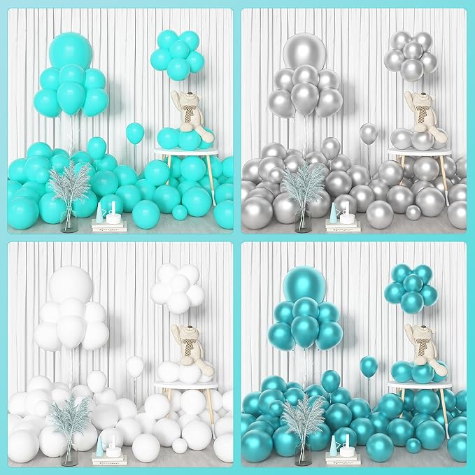 Amandir 153 Pcs Teal Balloons Arch Garland Kit, Different Sizes 18 12 10 5 Inch Teal Aqua Blue White Metallic Silver Green Confetti Turquoise Balloons Birthday Bridal Shower Wedding Party Decorations