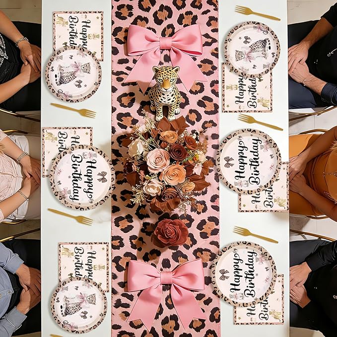 96 Pcs Cheetah Bow Birthday Decorations Leopard Print Plates and Napkins Disposable Pink Bow Cheetah Tableware Set for Girls Women Jungle Safari Animal Birthday Party Supplies Serves 24
