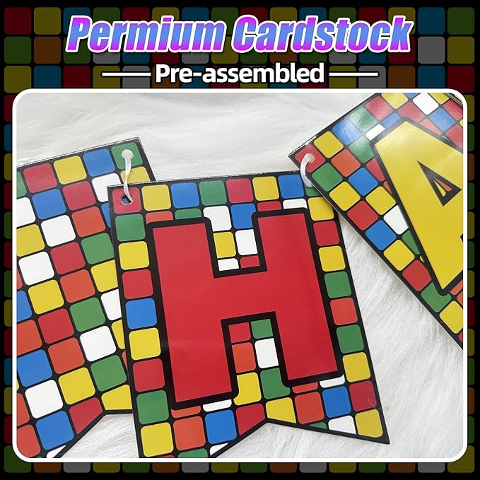 Colorful Cube Birthday Banner Plaid Block Puzzle Game Themed Decor with Colorful Letters for Kids Boys Girls Birthday Party Baby Shower Favors Decorations Supplies BECKTEN