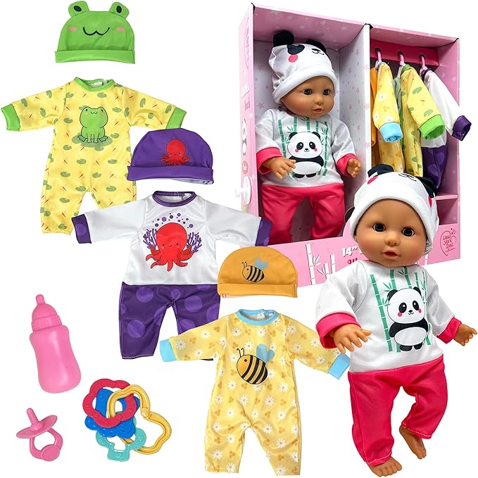 Soft Body Baby Doll with Accessories & 4 Sets of Animal Outfits, Realistic Baby Doll with Clothes & Toys, 14 Inch Baby Doll Play Set Wardrobe Closet, Baby Dolls for Girls, Gift for 3 4 5 Year Old