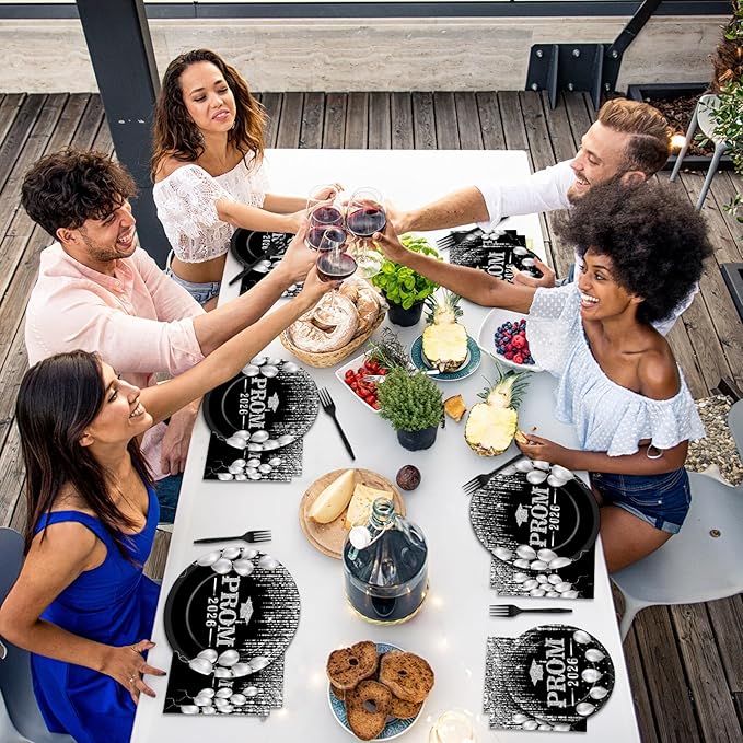 96PCS Prom Night 2026 Party Tableware Set Black Silver Graduation Party Supplies Congrats Class of 2026 Party Disposable Dinnerware Plates Napkins Forks for Graduation Celebration Favors
