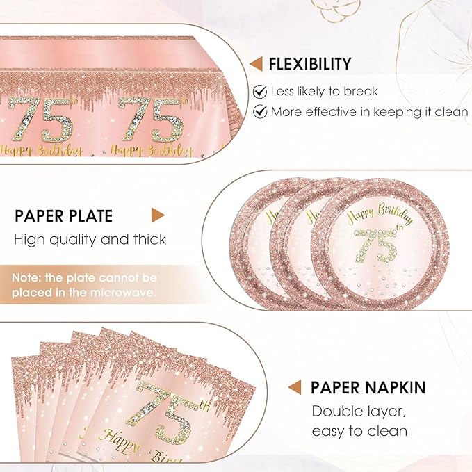 41pcs 75th Birthday Decorations for Women Rose Gold 75th Birthday Party Plates Napkins and Tablecloth Happy 75 Year Old Disposable Party Tableware Kit for 75th Birthday Anniversary Party Supplies