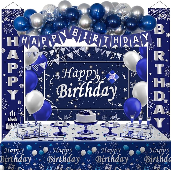 Blue Birthday Decorations, 37 PCS Blue and Silver Party Decorations for Men Boys Women Girls, Happy Birthday Backdrop Banner Tablecloth Party Supplies Confetti Balloons Arch