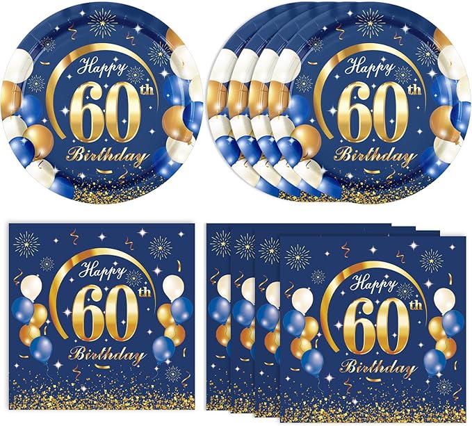 40PCS 60 Birthday Decorations for Men Navy Blue and Gold 60th Birthday Party Disposable Dinnerware Set Plates, Paper Napkins Party Supplies for Men Cheers to 60 Years