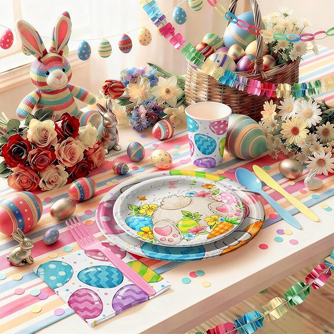 168PCS Easter Party Supplies Easter Egg Party Decorations Cartoon Bunny Paper Plates and Napkins Cups for Spring Themed Easter Birthday Party Serves 24
