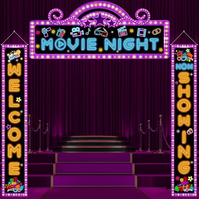 3Pcs Movie Night Porch Banner Decorations Neon Movie Theme Party Hanging Banner Welcome Now Showing Sign Door Decor Camera Action Porch Sign for Theater Film Photography Background Party Supplies