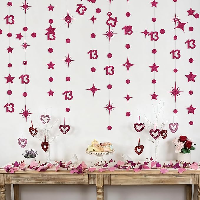 Burgundy 13th Birthday Decorations Number 13 Circle Dot Star Garland Glitter Streamer Banner Backdrop for Girls Boys Official Teenager Cheers to 13 Years Old Birthday 13th Anniversary Party Supplies