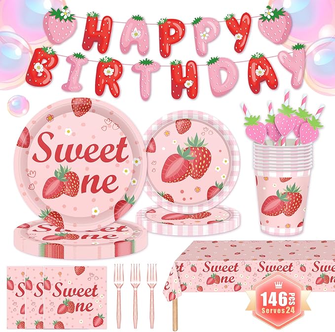 146Pcs Strawberry Plates and Napkins strawberry Party Supplies Includes Plates, Napkin, Fork, Cup, Straw, Tablecloth, Banner for Baby Shower Birthday Party Decorations, Serves 24 (Strawberry)