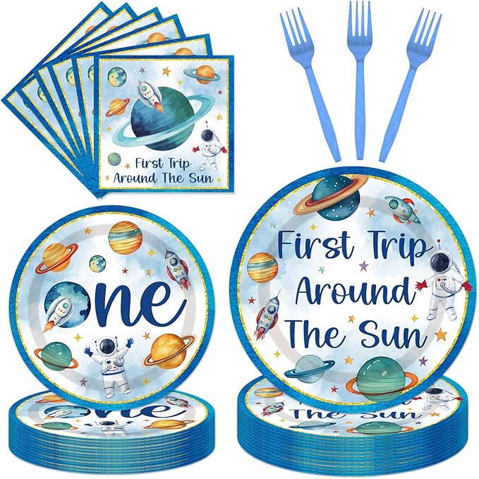 First Trip Around The Sun Decorations - 96PCS First Tirp Around The Sun Plates and Napkins Party Supplies Outer Space 1st Birthday Decorations Boy Disposable Paper Tableware Set Serves 24 Guests