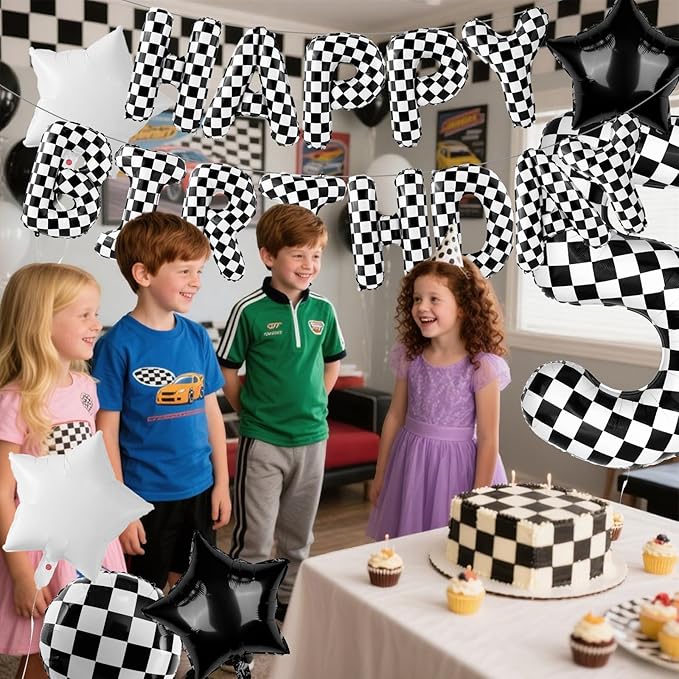 Racing Cars Themed Happy Birthday Banner Party Decorations Set Including 40 Inch Number 5 Foil Balloons, Themed Party Essentials, Checkered Backdrop Supplies for Boys Indoor Outdoor Celebration