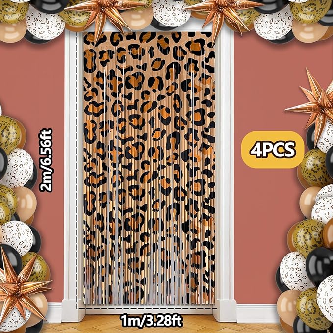 4 Pack Cheetah Print Foil Fringe Curtains Birthday Decorations, 3.28 x 6.56 Ft Leopard Print Fringe Backdrop Cheetah Photo Booth Props Animal Birthday Party Decorations Favor Supplies