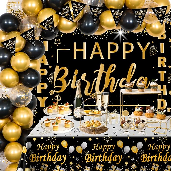 Black and Gold Birthday Decorations for Men Women, 37pcs Black and Gold Party Decorations with Backdrop, Tablecloth, Confetti Balloons, Banner, Balloon Arch Kit for Birthday Party