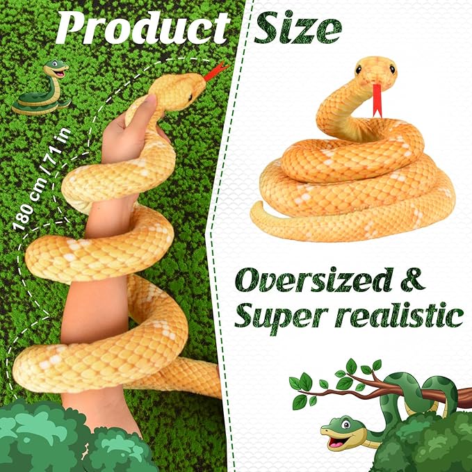 Snake Plush, Stuffed Snake Animal, 71 in Large Toy Snakes for Kids, Giant Stuffed Animals Snake, Lifelike Plush Snake for Birthday Present Party Prank Prop (Yellow)