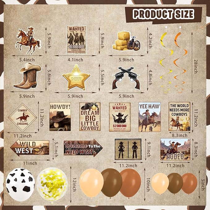 Western Party Decorations, 126 Pcs Wild West Cowboy Rodeo Bday Party Decor Supplies for Boys - Backdrop, Banner, Tablecloths, Centerpieces, Paper Glasses, Hat, Stickers, Wall Signs