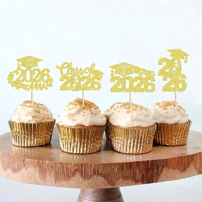 Graduation Cupcake Toppers 2026, Food/Appetizer Picks For Graduation Party Mini Cake Decorations 2026 Cupcake Toppers Graduation 24 Pieces (golden)