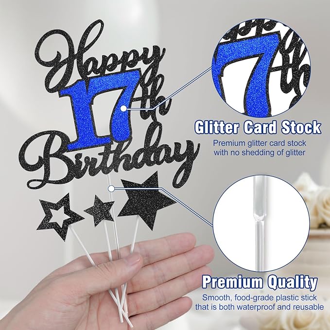 17th Birthday Cake Topper, Black Blue Happy 17th Birthday Cake Toppers for Boy Girl, 17 Years Old Birthday Party Supplies, Glitter Cake Decor, 17th Birthday Cake Decorations