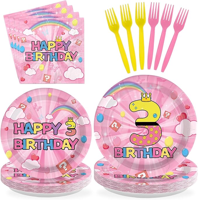 96Pcs Pink and Yellow 3rd Birthday Decorations Princess Pink and Yellow Party Plates and Napkins Disposable Tableware for 3 years Old Girls Princess Birthday Party Decorations Serve 24