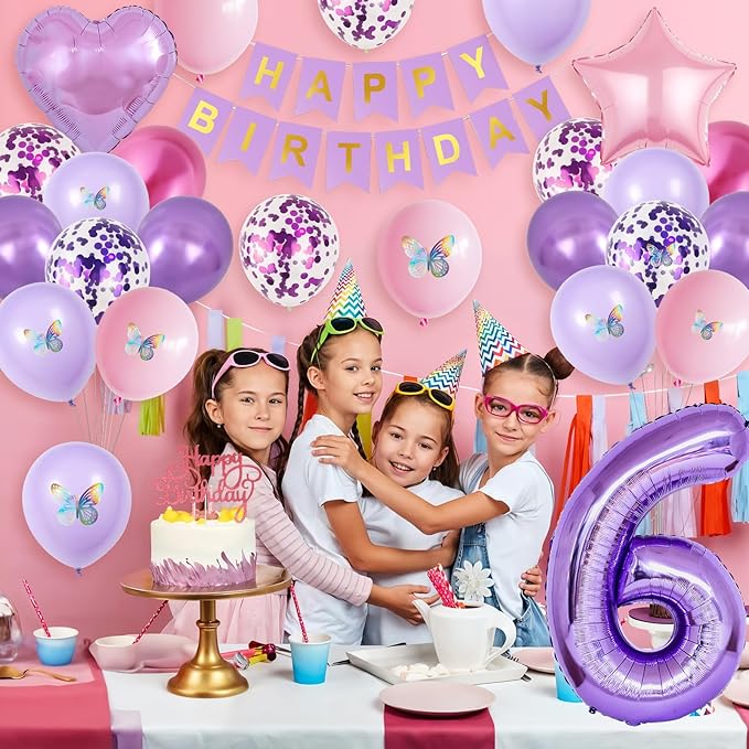6th Pink Purple Birthday Decorations,Pink Purple 6th Birthday Balloons for Girls Lavender Party Decor Banner Number 6 Balloons Cake Topper Butterfly Party Decorations for 6 Year Old Girls
