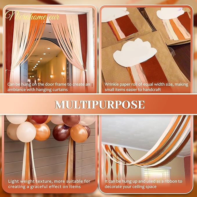 Wedding Decorations, 8 Rolls Rust Orange Brown Crepe Paper Streamers for Rustic Fall Wedding, Bridal Shower, Retro Party, Spring, Summer Decor, Birthday, 82 Ft Long