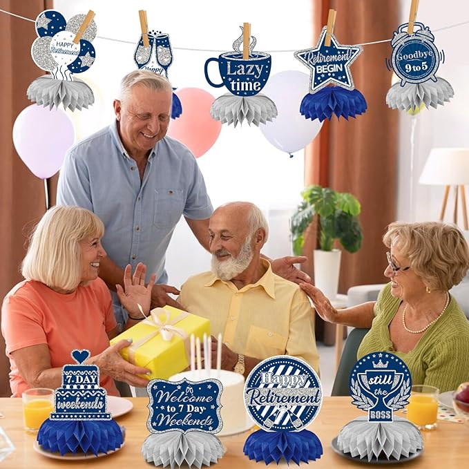 10 Pcs Retirement Party Decorations, Blue Silver Retirement Table Honeycomb Centerpieces Happy Retirement Table Topper for Men Women Happy Retirement Decorations for Party Supplies