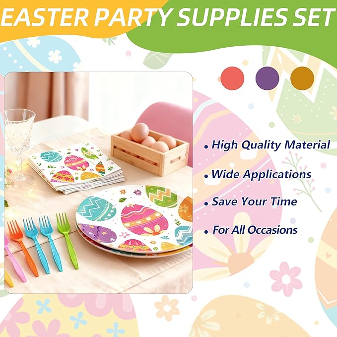 100 Pcs Easter Egg Tableware Party Supplies Set, Serves 25 – Disposable Colorful Eggs Paper Plates, Napkins, and Forks for Spring Celebration, Easter Day Egg Hunt, or Holiday Brunch Decorations