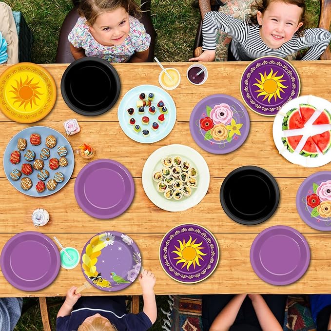 48Pcs Purple Sun Paper Plates Purple Princess Birthday Party Decorations 7 Inch Princess Sun Floral Pan Hair Dessert Plates Disposable Tableware Set for Baby Shower Wedding Party Supplies