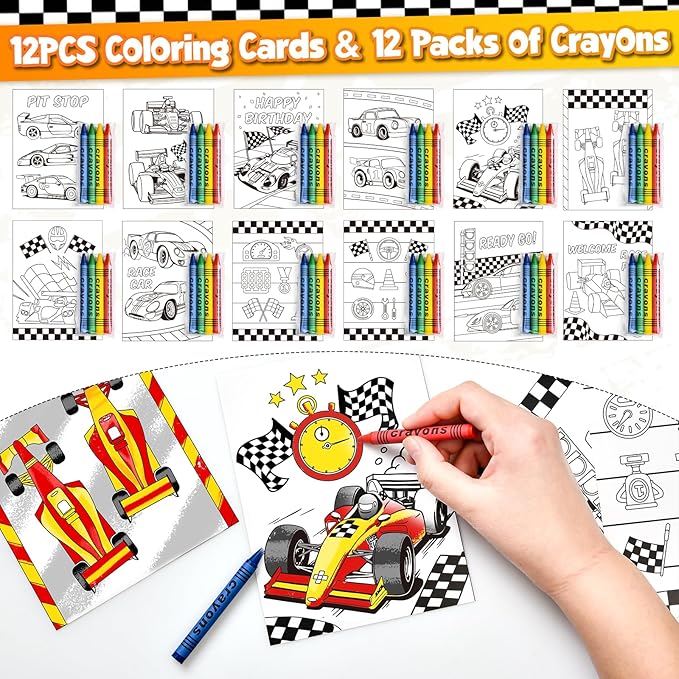Race Car Party Favors Birthday Goodie Bags Supplies, Mini Race Car Trophy Cup Coloring Card with Crayon Gift Box Tattoo Sticker Paper Glasses, Boy Girl Kid Class Prize Racing Cars Birthday Decor