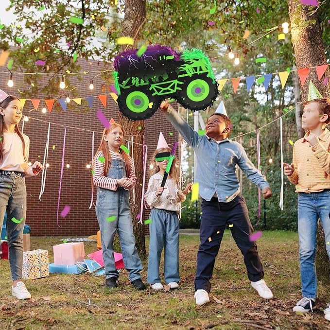 Green and Purple Monster Truck Pinata Car Pinata with Stick and Blindfold for Kids Boys Monster Truck Racing Car Birthday Party Supplies Decorations Carnival Party Favors(15.75*11*2.36 Inch,Small)