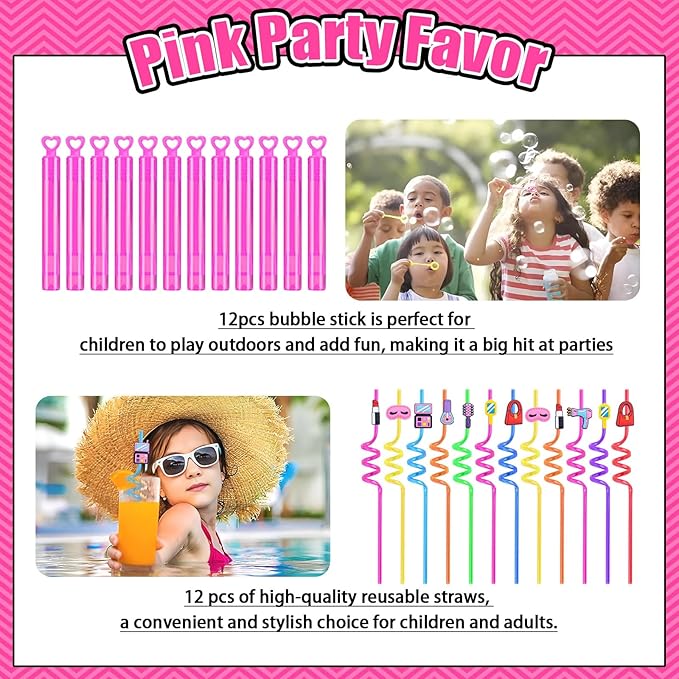 146Pcs Pink Party Favors for Girls, Hot Pink Princess Birthday Party Goodie Bag Stuffer Filler for Kids Girls Birthday Party Decoration Supplies