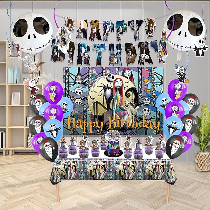 Birthday Party Decorations, Magical Wizard Pirate Halloween Horror Night Themed Party Supplies - Happy Birthday Banner, Balloons, Backdrop, Tablecloth, Cake Inserts Set-Black